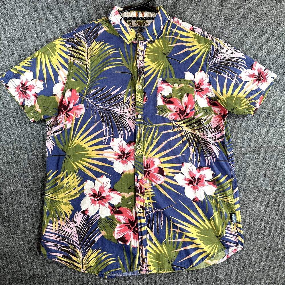 Huntington Beach Club Mens L Hawaiian Shirt Blue Floral Tropical Button Up